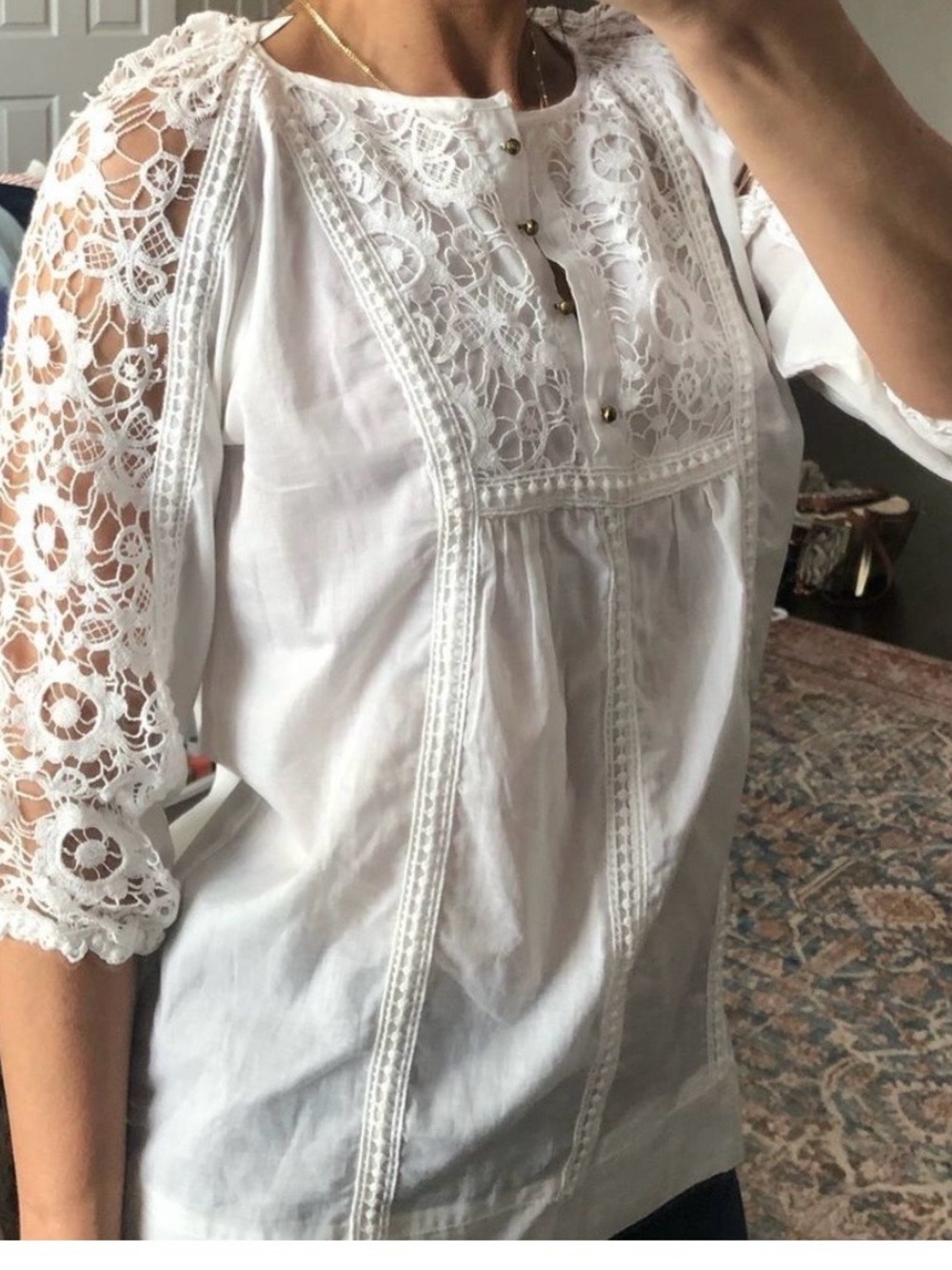 Lucy & Laurel White Lace PEASANT Top Bohemian Blouse SMALL Lace Insert EXCELLENT